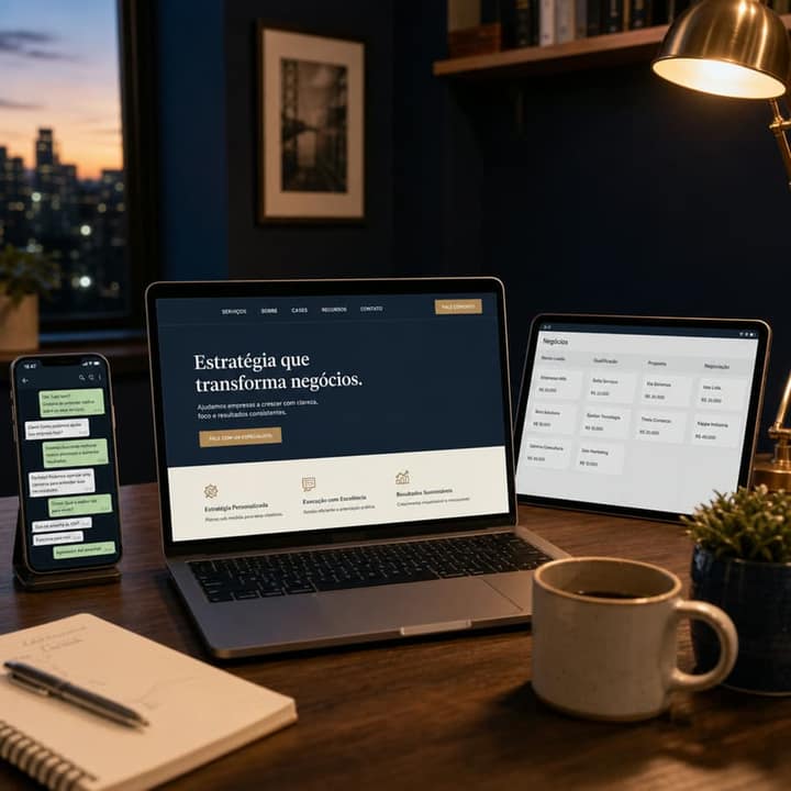 Site, CRM e WhatsApp como peças que você escolhe conforme a necessidade