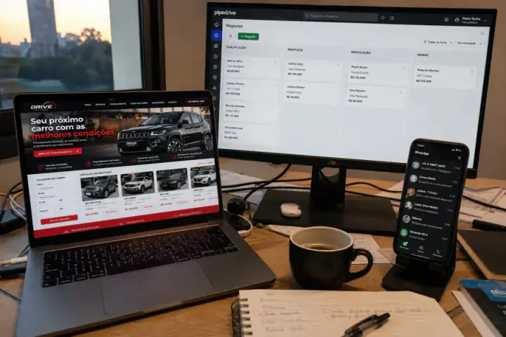 Notebook, monitor e celular com site, CRM e WhatsApp